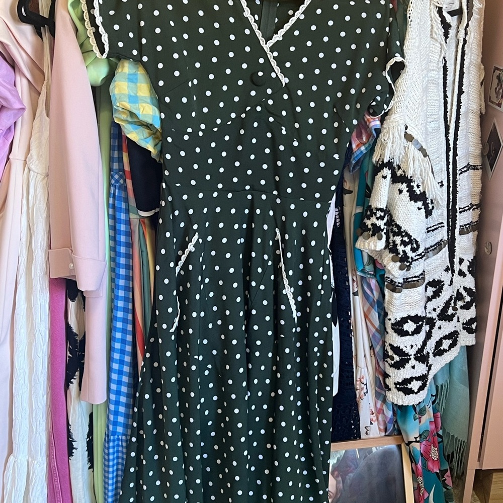 Unique Vintage 1950s Dark Green & White Polka Dot Goldie Swing Dress XS/2 - Picture 4 of 4